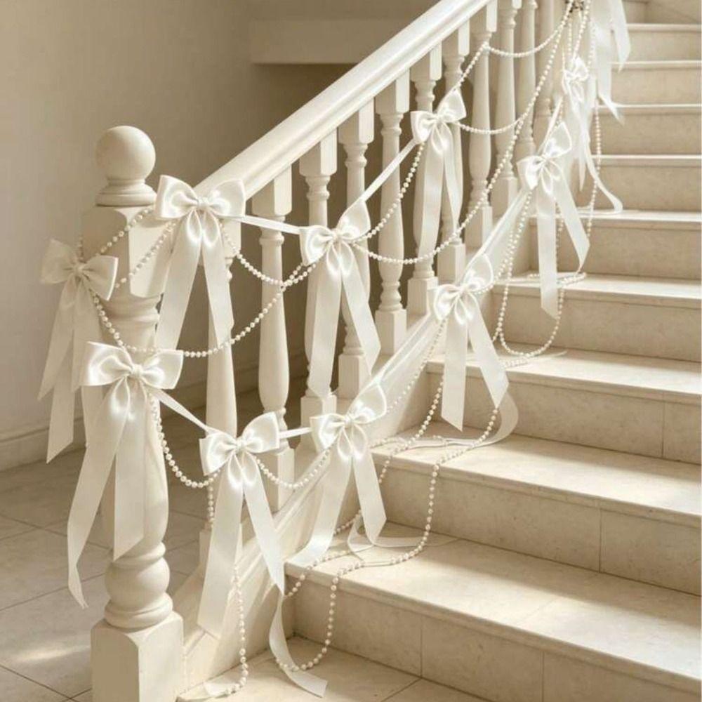 Faux Pearl Bowknot Banner Hanging Pendant Reusable Bow Beaded Garland Birthday Decor