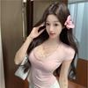 Pure desire hot girl sexy v-neck short top women's summer fake two pink lace short-sleeved t-shirt unique