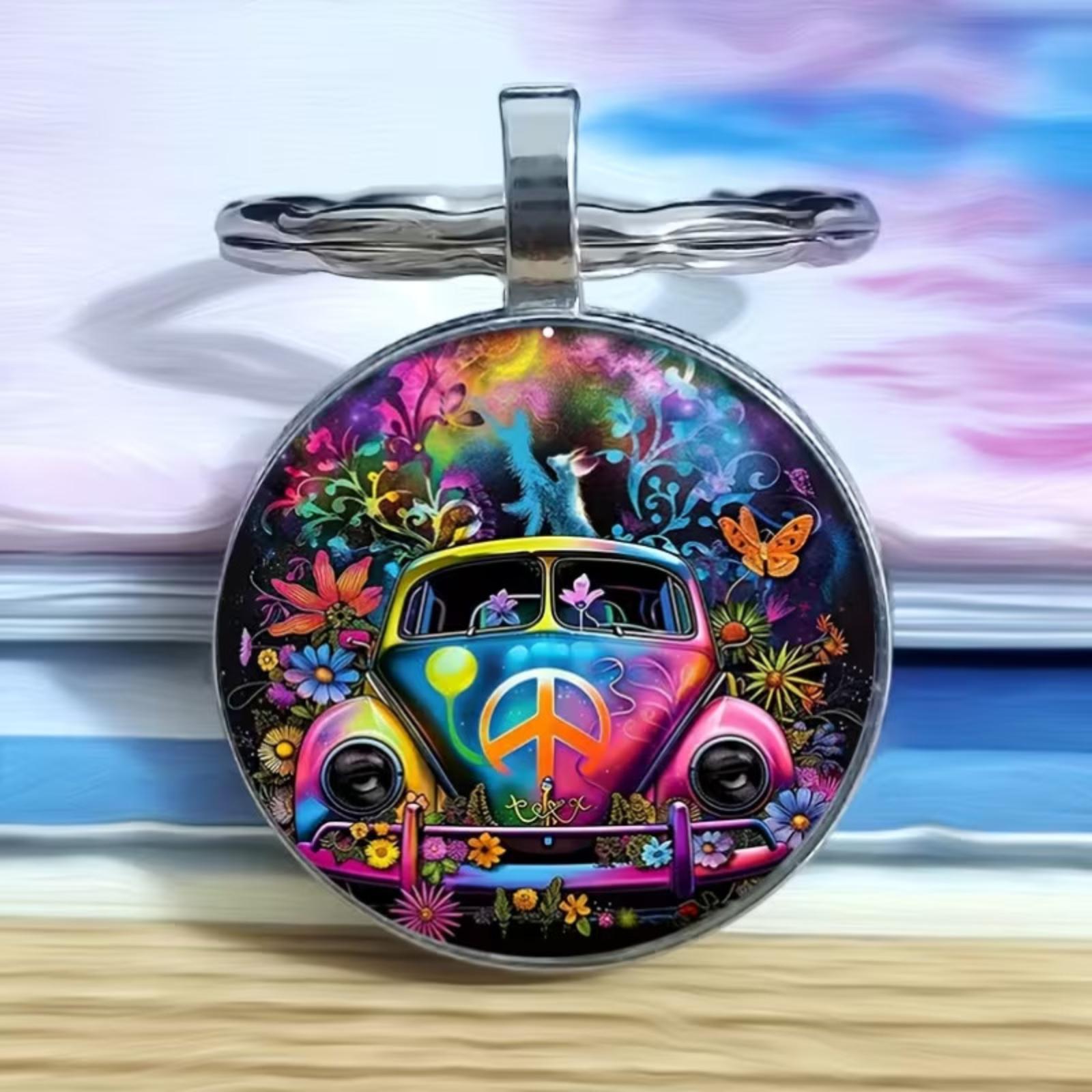 

Time Keychain With A Pattern Of A Colorful Car With A One Size