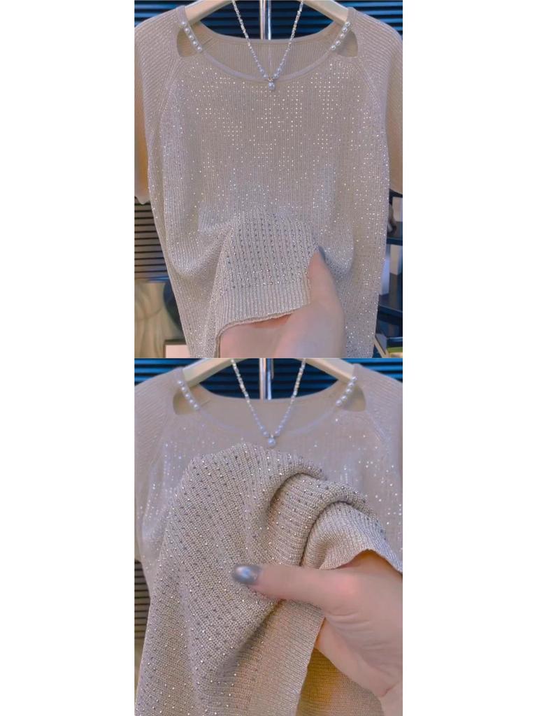 2025 Sommer Stricktop mit Strasssteinen: Vielseitiges Mode-T-Shirt mit kurzen Ärmeln für Damen