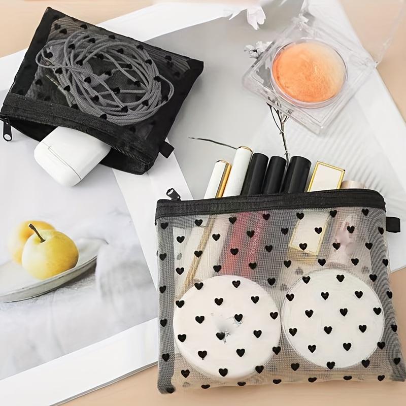 Casual Chic Heart Print Cosmetic Bag - Black & White Geometric Chevron Pattern, Durable Fabric Multi-Use Organizer for Makeup, Travel Essentials