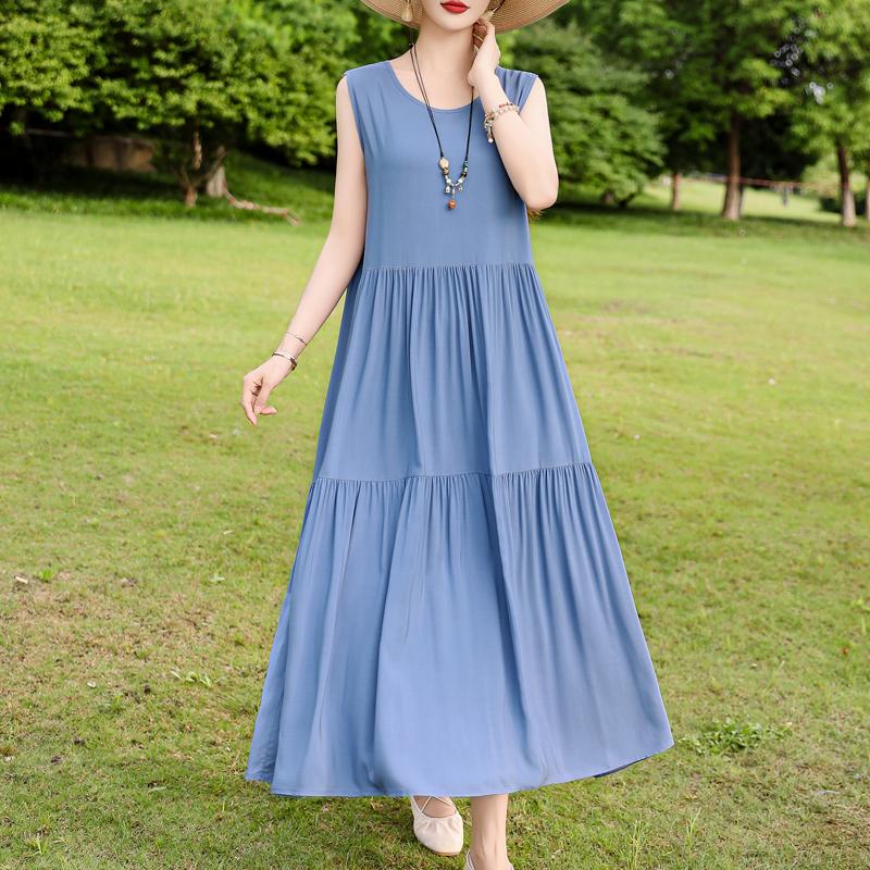 Elegant Sleeveless Dress for Women Plus Size Loose Vintage Print Long Dress Summer Middle-aged Women's Clothing