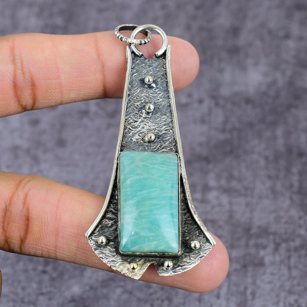 Natural Amazonite Gemstone Handmade 925 Sterling Silver Pendant 3.55" ET-1592