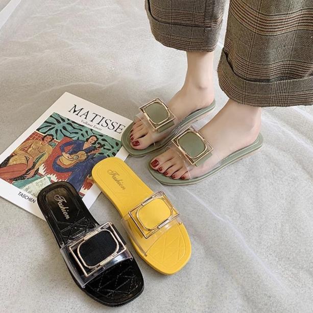 2025 Nauji madingi šlepetės moterims vasarai lauko dėvėjimui, kvadratinė sagtis, permatomos, kasdienės, studentų šlepetės