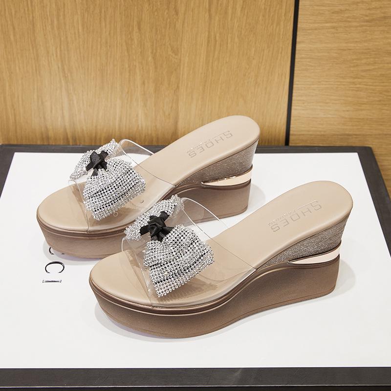 Women s Summer Rhinestone Transparent High Heel Bow Platform Slippers 36