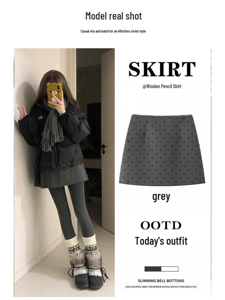 Gray Plaid Wool A-Line Polka Dot Short Skirt for Women - Winter Warm Hip-Hugging Design