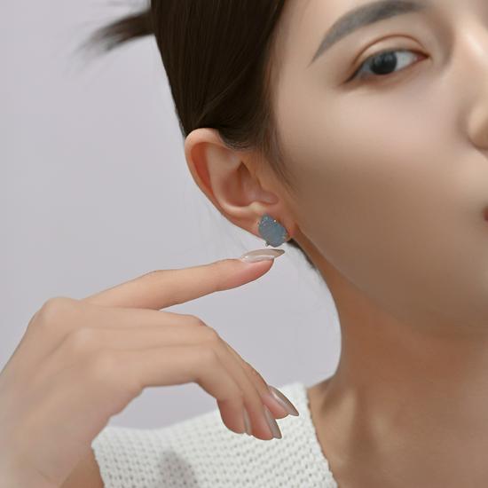 Gold-Plated Irregular Aquamarine & Amethyst Brass Stud Earrings with 925 Silver Posts