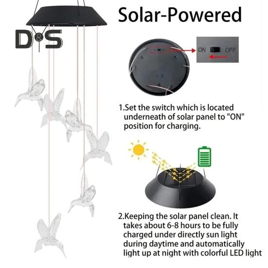 Dzwonki wietrzne w kształcie kolibra, motyl, wiszący wisiorek, wodoodporny, zasilany energią słoneczną, automatycznie oświetlony, dzwonki wietrzne, dekoracja zewnętrzna