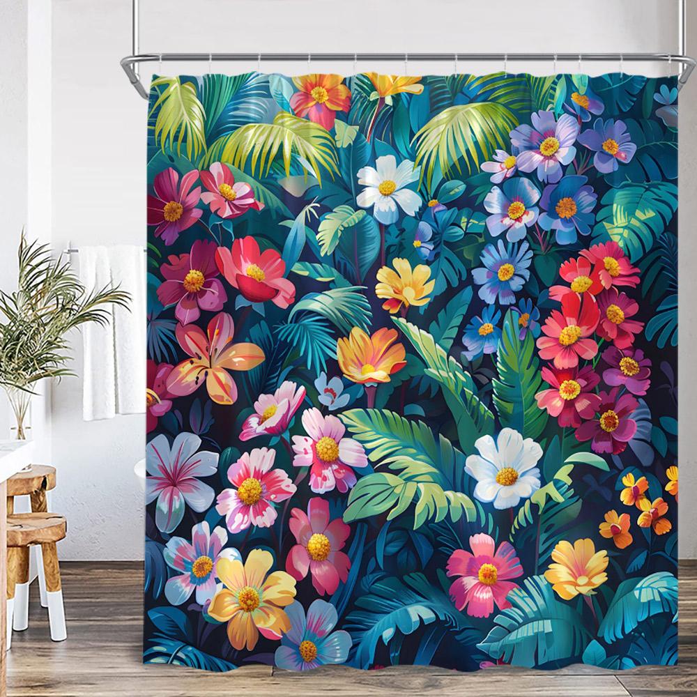 Colorful Boho Floral Shower Curtain Oil Painting Flowers Green Leaf Plant Spring Bathroom Decor Retro Polyester Bathtub Curtain
