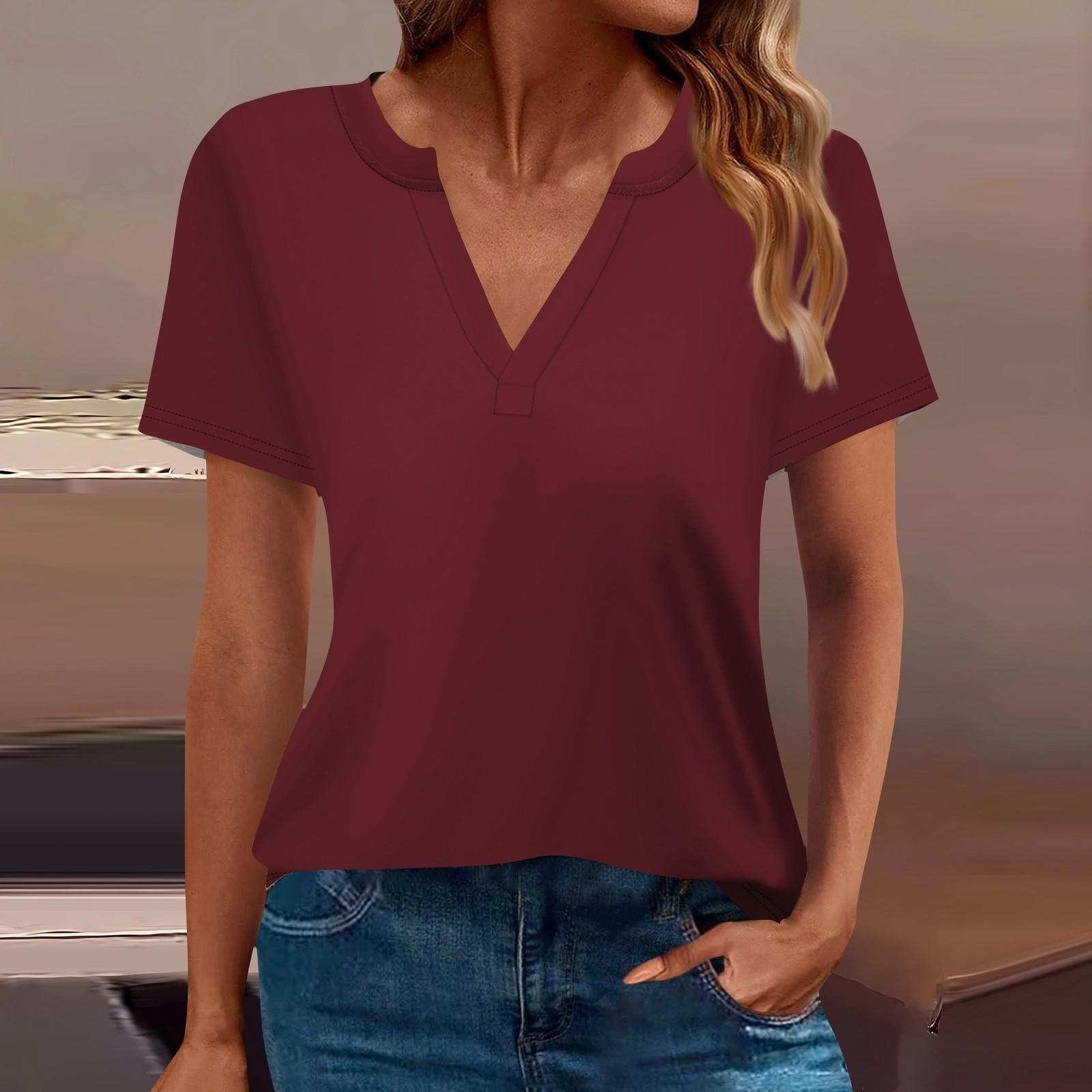 

Жен. Футболка Футболка Сплошной цвет С короткими рукавами Повседневные Выходные Мода Классический V-образный вырез Обычный Топ M винный