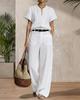 1116 European and American summer women's clothing imitation hemp solid color V-neck short-sleeved top loose wide-leg pants casual suit