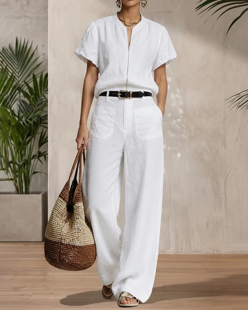 1116 European and American summer women's clothing imitation hemp solid color V-neck short-sleeved top loose wide-leg pants casual suit