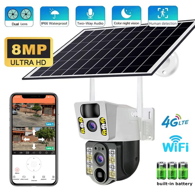 Solarbetriebene Kamera, 4G/WLAN HD-Sicherheitsüberwachung, Dual-Objektive, Nachtsicht, KI-Personenerkennung, CCTV-Monitor.