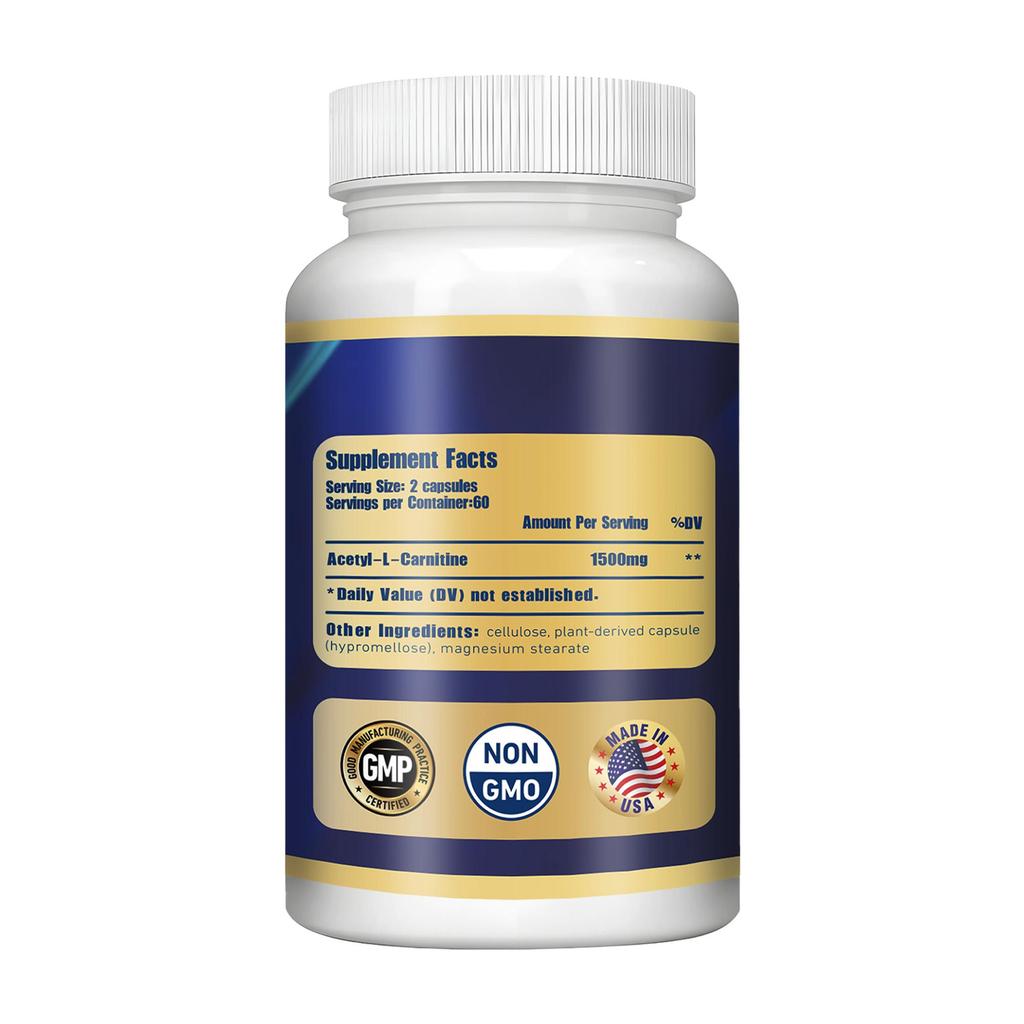 Pslalae Acetyl-L-Carnitine Capsules, 1500 mg, 120 capsules, geschikt voor zowel mannen als vrouwen.