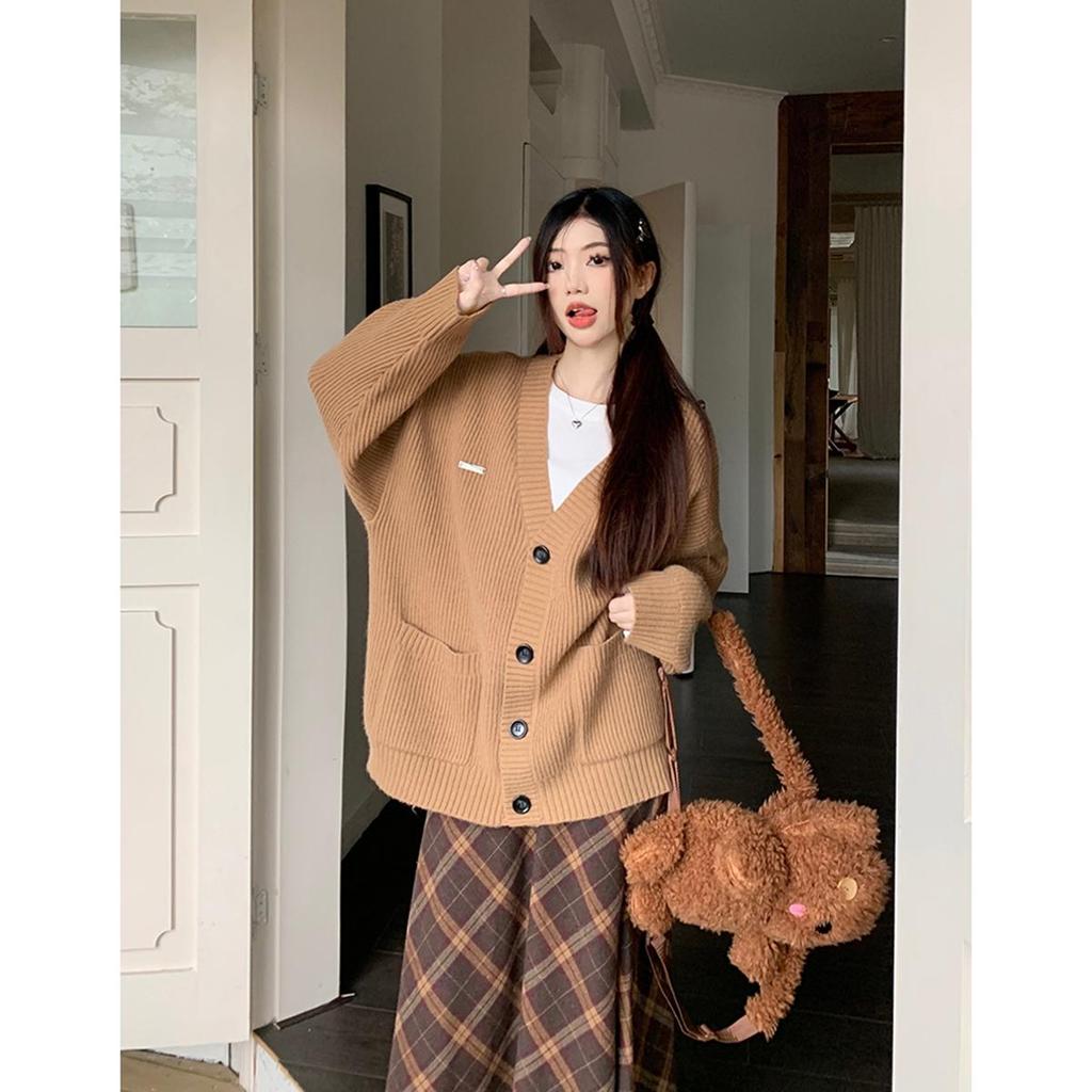 Women's Retro Plaid Three-Piece Set: Sweater Coat, T-Shirt, and A-Line Midi Skirt