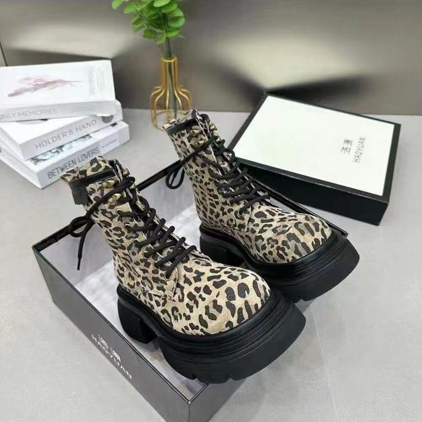 Fashion Vintage Leopard Print Women Boots Round Toe Women's Boots Casual Shoes 2025 Fashion Woman Boots Mid Heel Botas Femininas