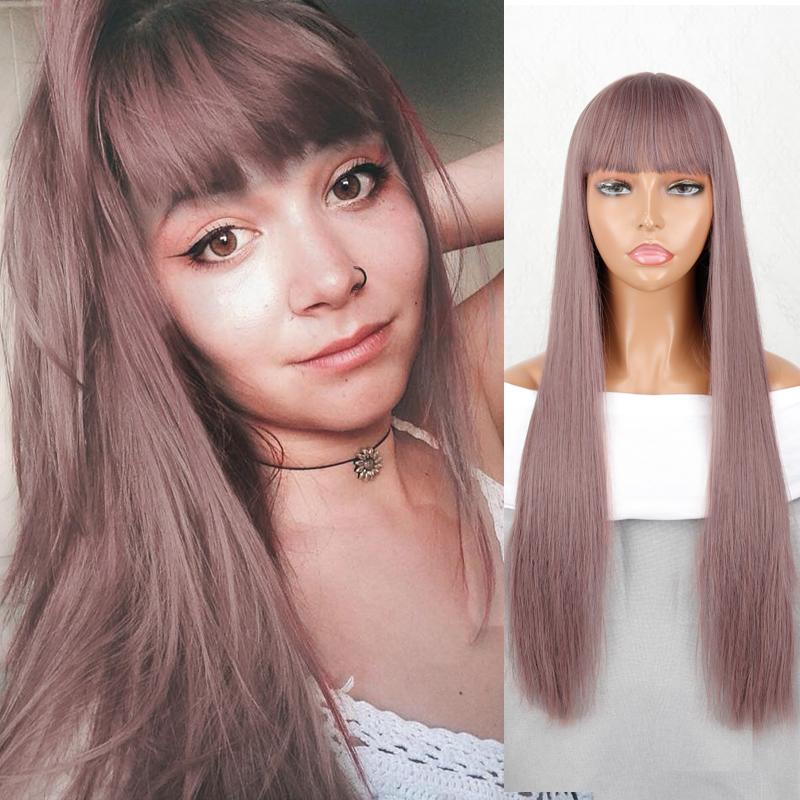 MISS WIG Long Straight Hair Natural Heat Resistant Fiber Black Wig for Women Daily Wear Wigs Pink Red Cosplay Wigs