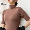 Pullover Top Summer Tops Turtleneck Solid Color Half Sleeve Slim Fit Smooth Women Shirt Wear Stretch Layer Comfy High Neck Daily Bottoming