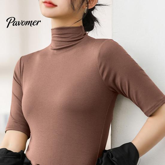 Pullover Top Summer Tops Turtleneck Solid Color Half Sleeve Slim Fit Smooth Women Shirt Wear Stretch Layer Comfy High Neck Daily Bottoming