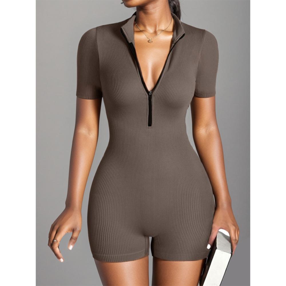 Women's Stand Collar Short Sleeve Romper Slim Fit High Waist Casual Ribbed Jumpsuit With Front Zipper For Yoga Workout Daily Wear