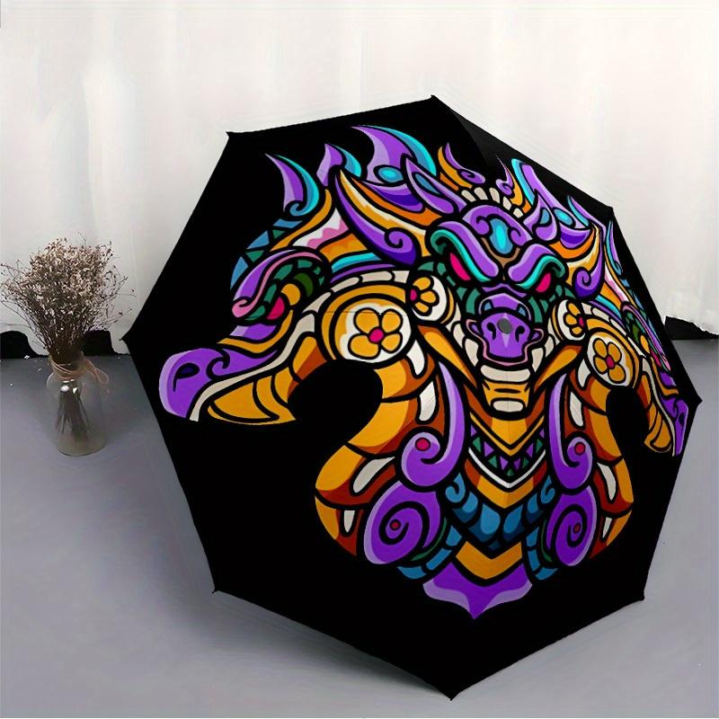 1pc Dragon Mandala Automatic Open/close, Heavy-Duty Iron Frame & 8-Rib structure, Compact Folding Umbrella for Women/Men, All-Season Travel, Halloween