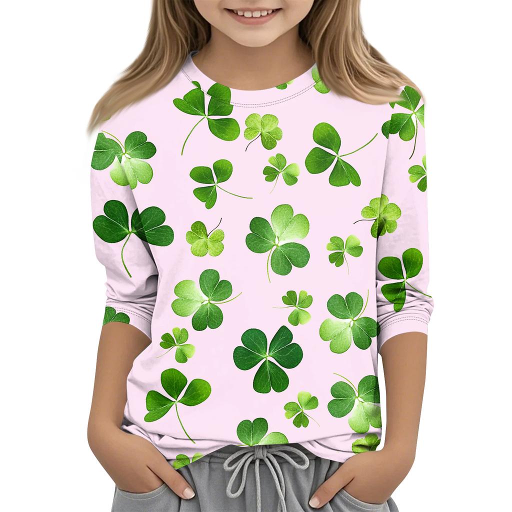 St. Patrick's Day Print Tops For Youth Girls 4-11 Years Round Neck 3/4 Sleeves T-Shirts Trendy Tops Outfit Tees