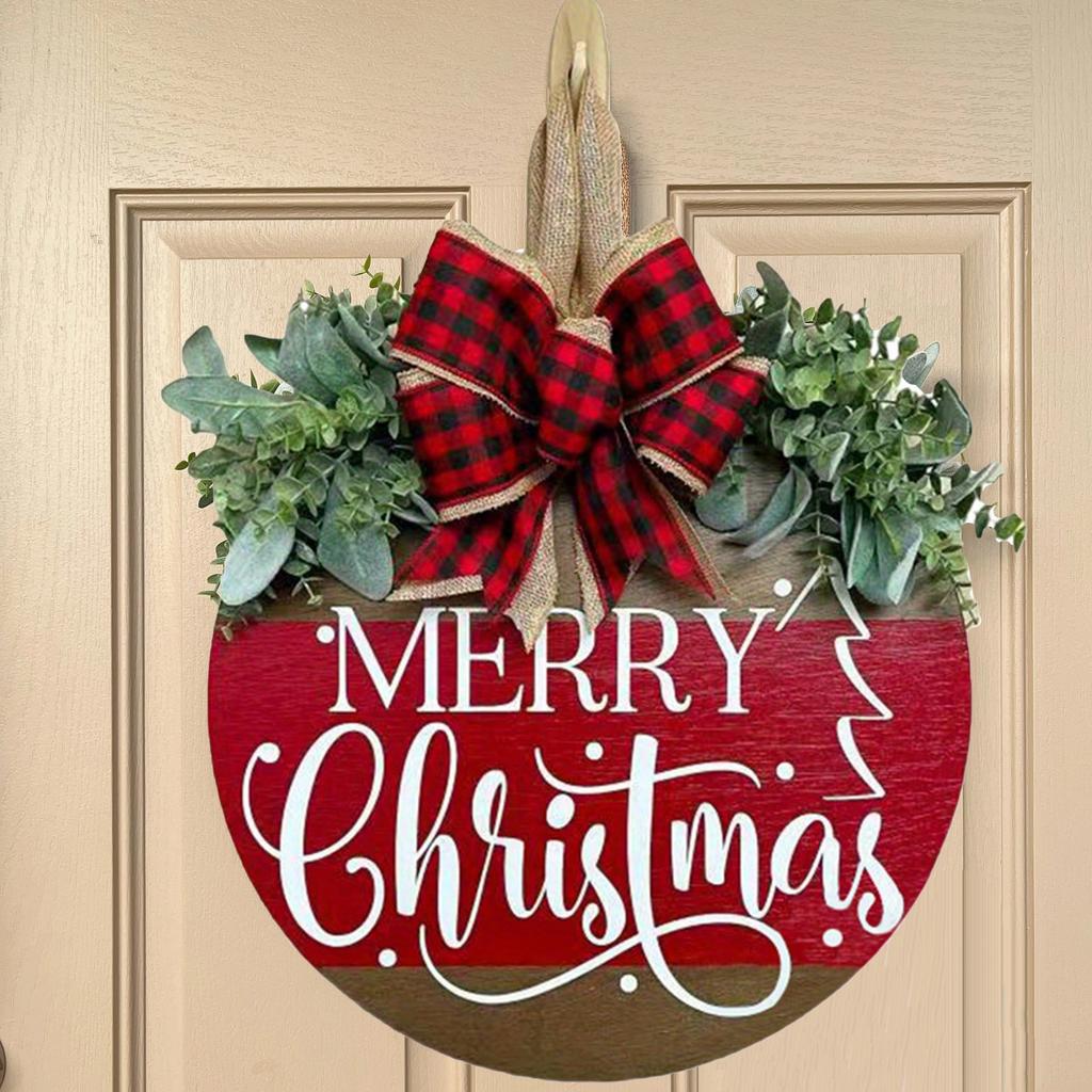 1pc Rustic Wooden Round Door Hanger - Merry Christmas Plaid Bow Sign, Perfect for Farmhouse Home & Porch Decor decoracion