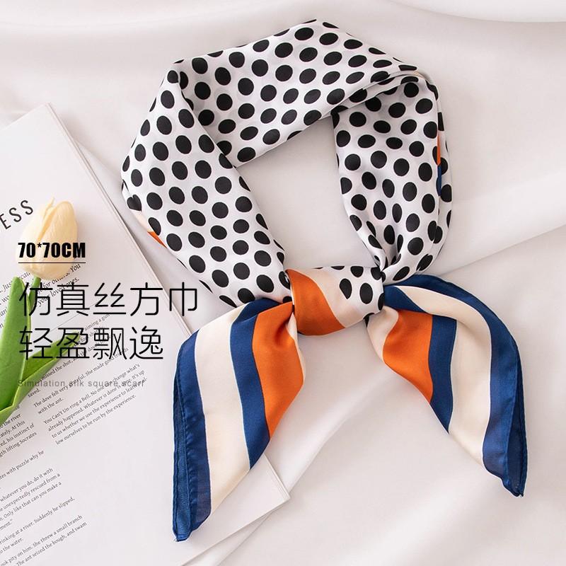 Classic French Style Polka Dot Silk-Like Square Scarf Women - Black Blue Print 70x70cm Lightweight Accessory