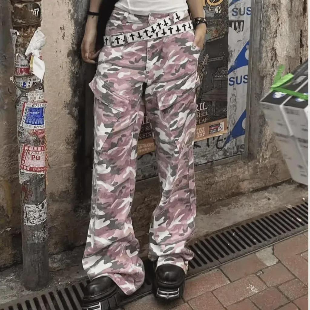 Men's Retro Pink Camo Hiphop Cargo Pants - Loose Fit, Wide-Leg Lumberjack Style