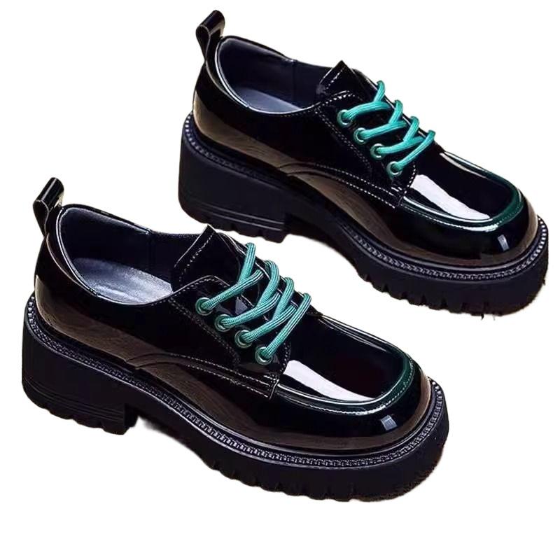 2025 Retro British Style Women's Shiny Leather Lace-Up Platform Loafers