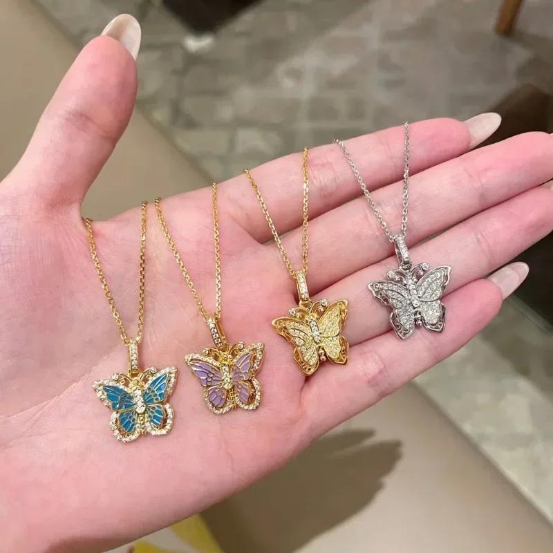 Butterfly series hollow out antique gold crafts enamel diamonds necklace exquisite palace style pendant collar chain jewelry