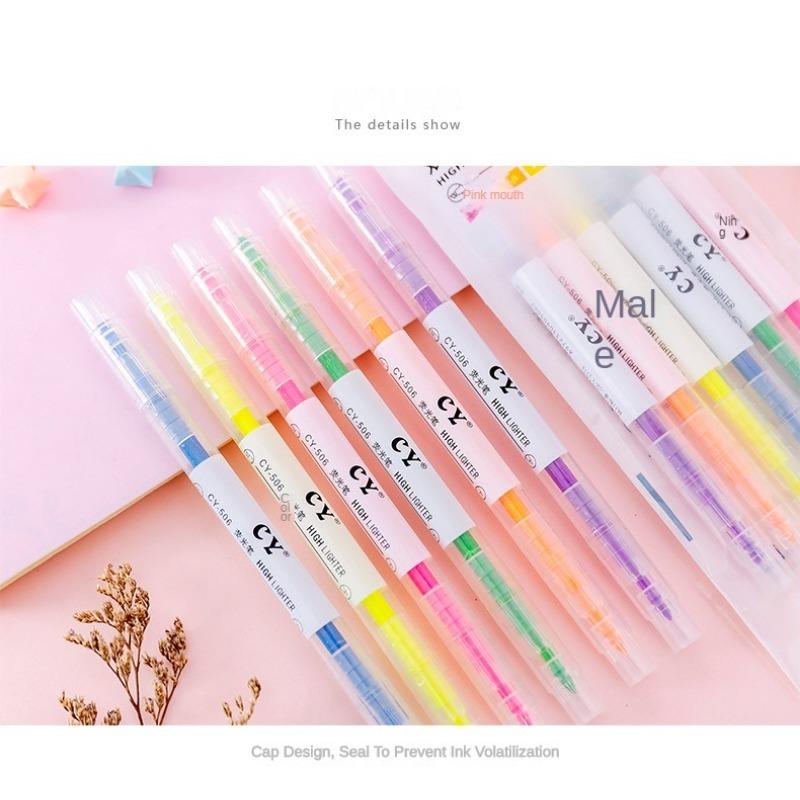 6 Colors/Collection Double Headed Highlighter Pen Fluorescent Drawing Markers Highlighters Pens Stationery Office School Supplies