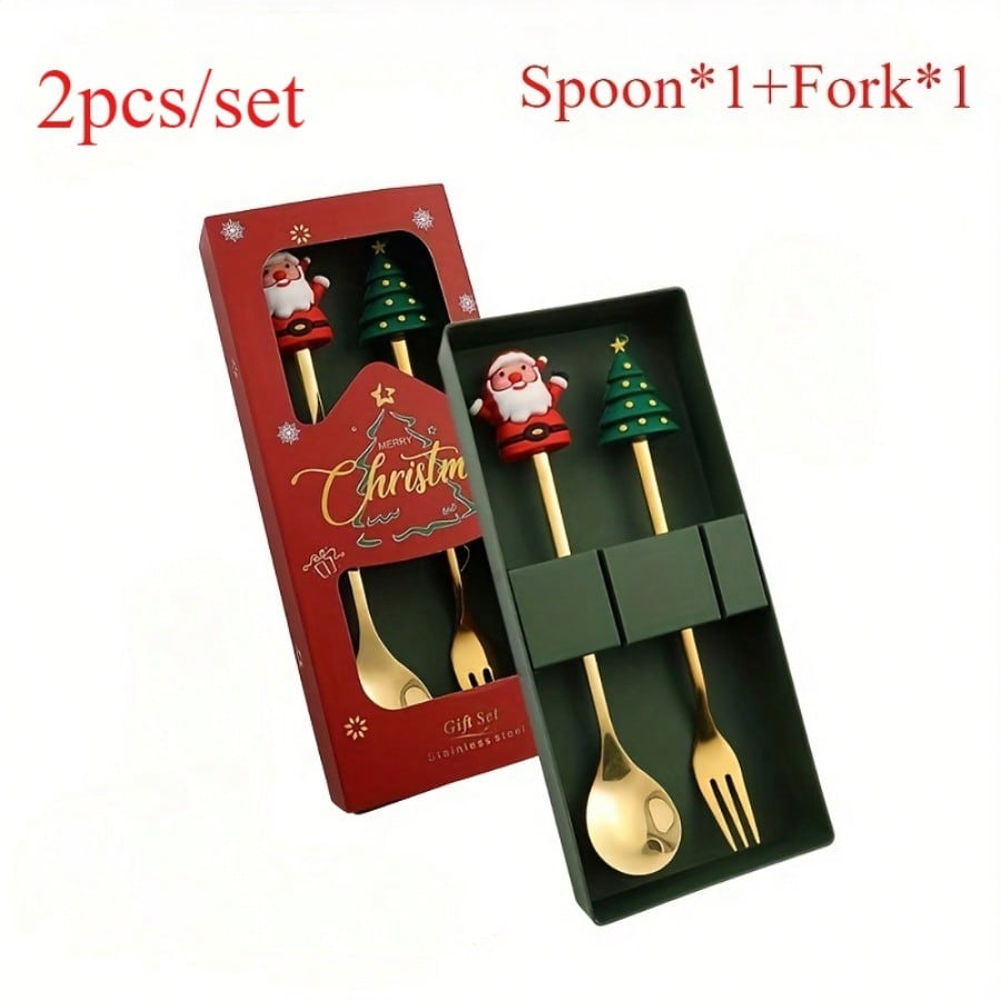 A set of Christmas stainless steel tableware, spoons and forks - can be put in the dishwasher, holiday gift set with gift box