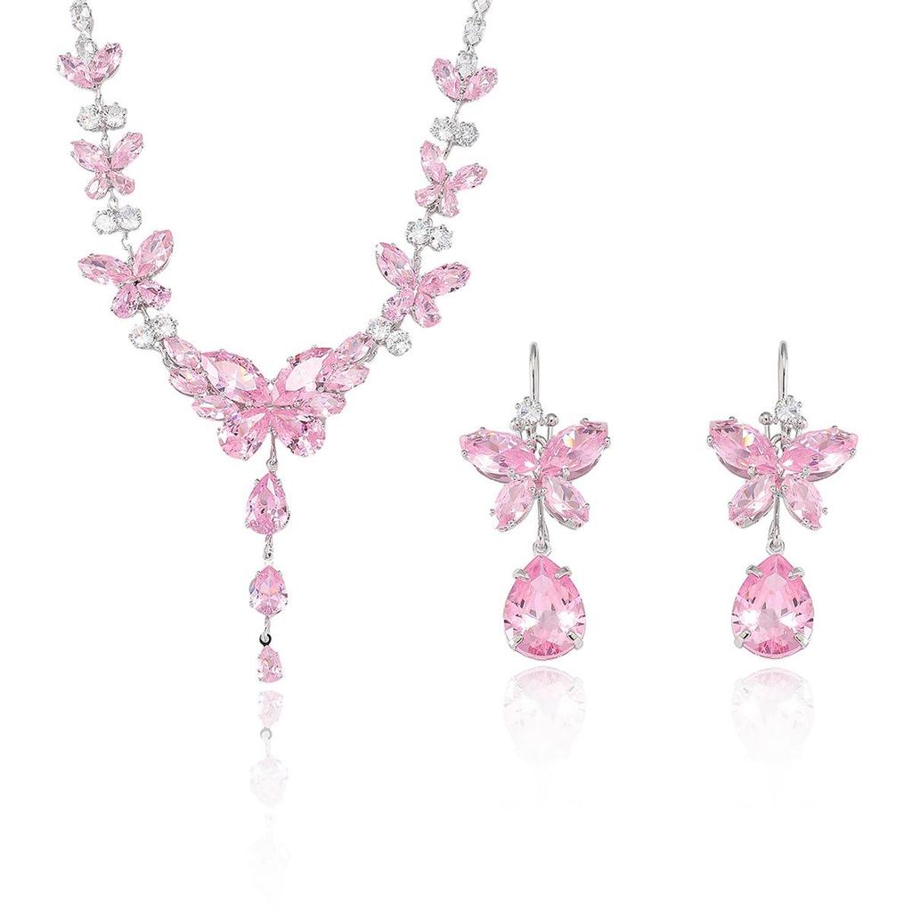 Fashion Trend Pink Butterfly Zircon Jewelry Set: Earrings, Necklace, and Collarbone Chain