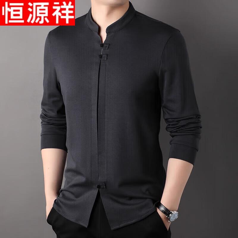 Hengyuanxiang Men s Chinese Style Stand-Collar Long Sleeve Polo T-Shirt XL