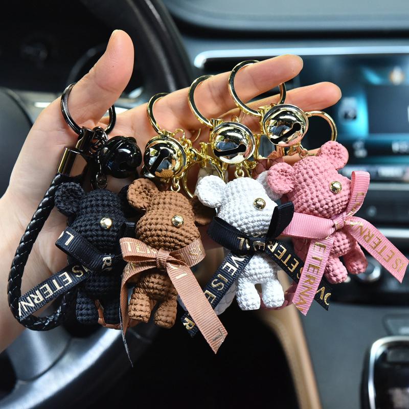 Cute Resin Woolen Little Bear Bow Rabbit Keychain Holiday Car Key Ring For Girls Creative Gift Weaving  Doll Bag Pendant