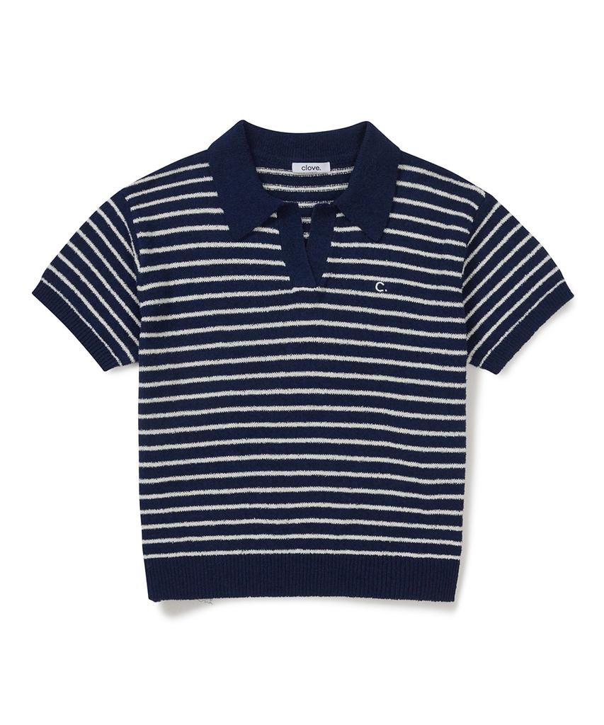 CLOVE [26Sm Clove] Stripe Boucle Collar Knit (Navy)