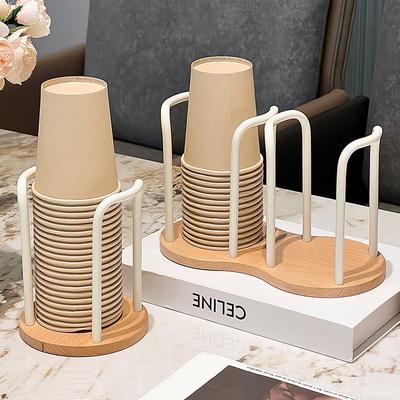 Disposable Cup Storage Holder Rack Shelf Water Cups Organizer Supplie Dispenser with Wood Mug Display Rack Desktop Decoration