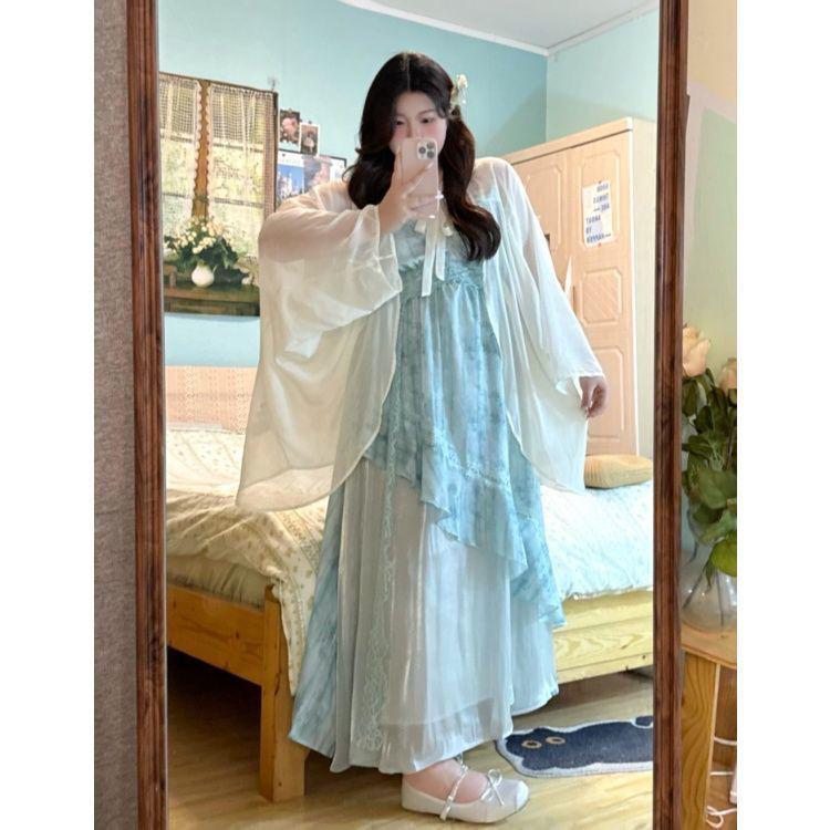 

Plus Size Tie-Dye Summer Camisole Dress Set with Lace Trim and Slimming Cardigan 3XL (160-180 jin)