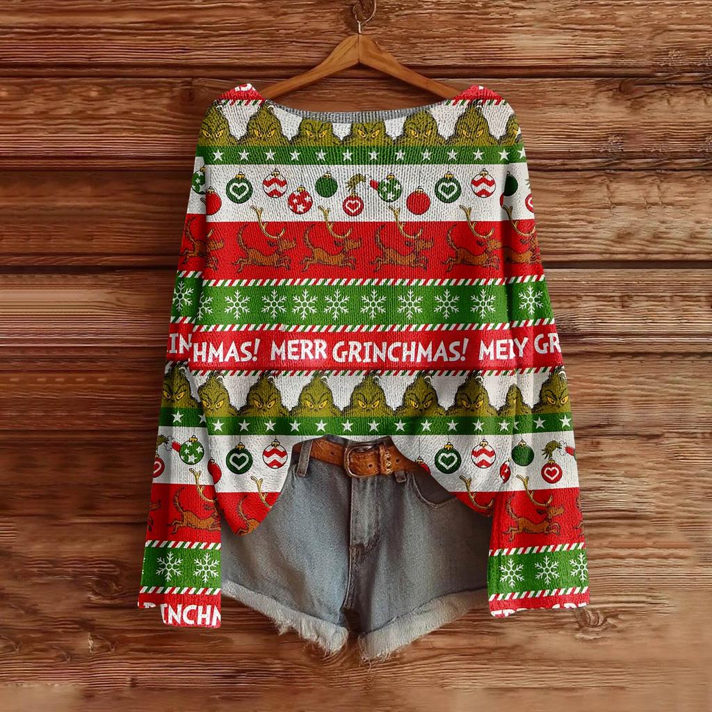Damemote Langermet Christmas Snowman Snowflake Print Jakke Cardigan