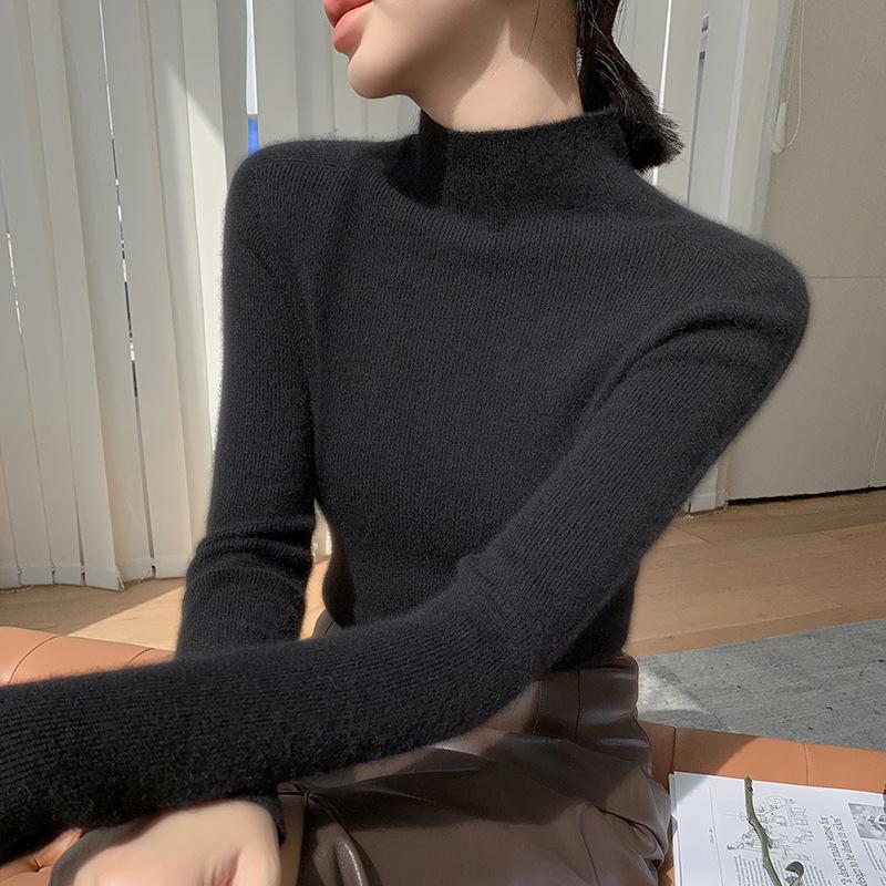 Women's Ribbed Cashmere Sweater: Half-High Neck, Slim-Fit, AW24 Collection, Warm Wool Knit Base Layer.
