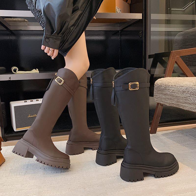 Dicksohlige V-hohe Stiefel mit neuem Retro-Gürtel, Samtstiefel für Herbst und Winter, Stiefel Stiefel Damen, dünne Schnalle, Ritterstiefel 2025