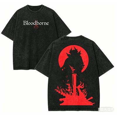 Camiseta Lavada Bloodborne Ropa con Personalidad Nuevo Modelo Camiseta de Anime Ropa para Todo el Año Parejas Tallas Grandes Unisex Clásico