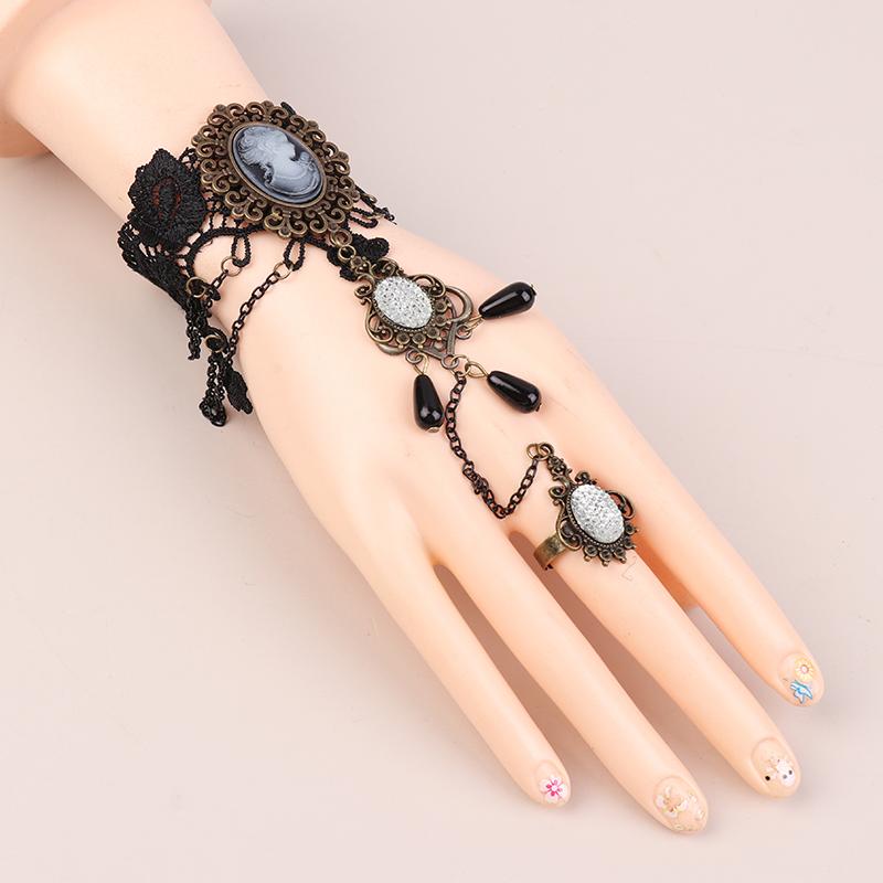 Model Gothic Steampunk Lace Cuff Arm Bracelet With Ring Black Accessories For Woman Gifts