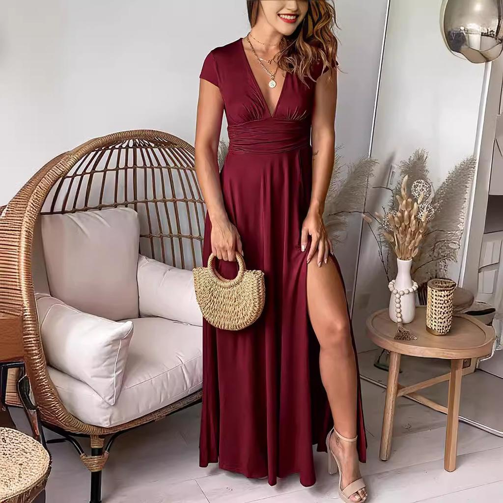 Women's Deep V-neck Short-sleeved Long Dress, Pleated High-waisted Split Club Party Evening Dress, Solid Color Dress