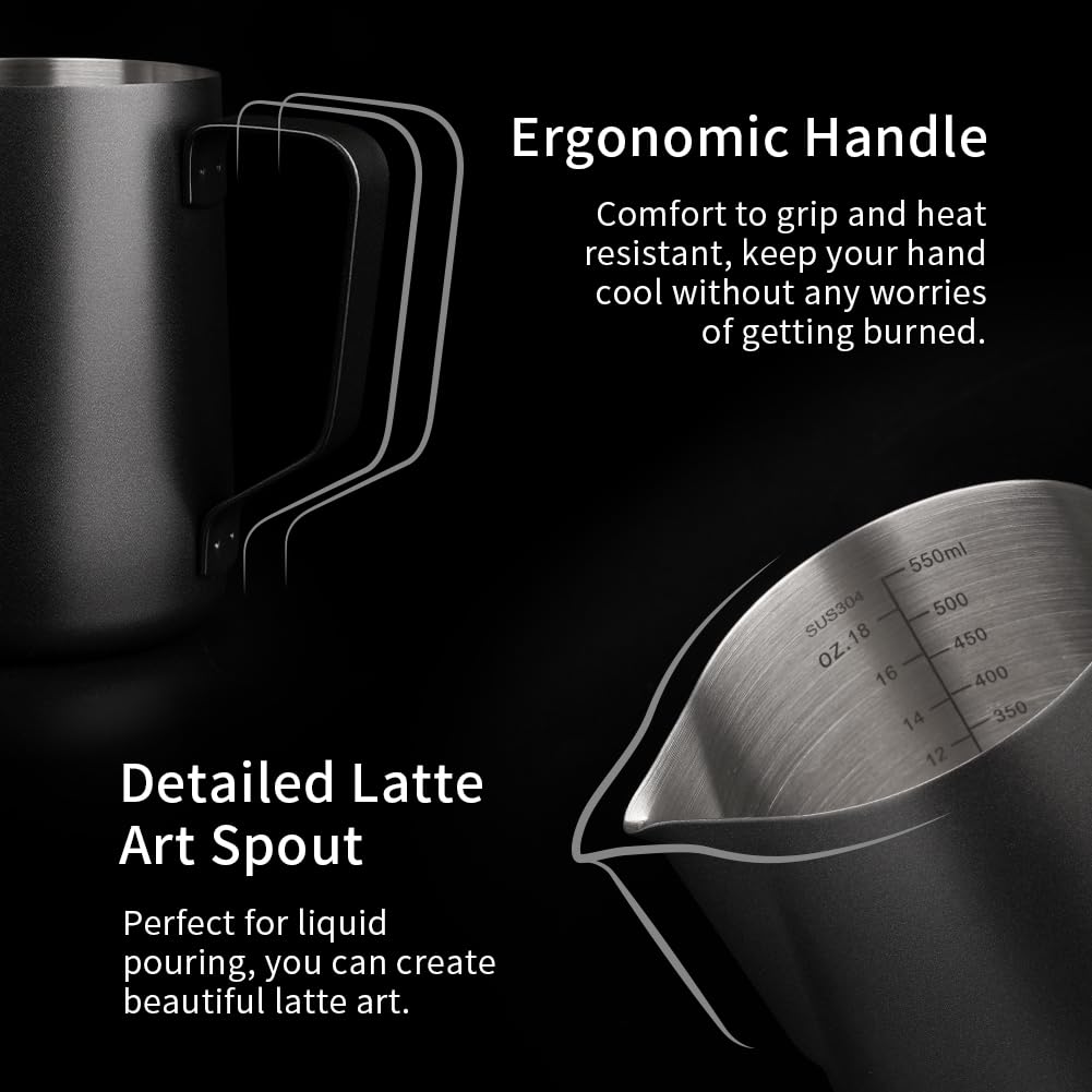 watchget Milk Pitcher, Milk Jug, Latte Art Pitcher, Milk Frother Jug, Espresso Steam Pitcher, Stainless Steel, Graduated, Latte Art, Cappuccino Cup, B