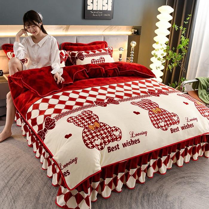 Thickened Milk Fleece Four-Piece Warm Double-Sided Coral Fleece Quilt Cover Flannel Sheet Bed Skirt Bedding