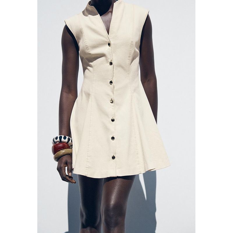 Summer Women's Clothing Contrast Color Thread Decoration A- line Hem Minimalist Sleeveless Mini Dress 3189622