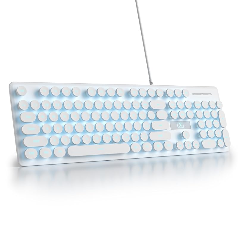 

Wired silent membrane keyboard, full size 104 key punk typewriter white LED Backlit, USB ultra slim gaming keyboard ABS with round keycaps For