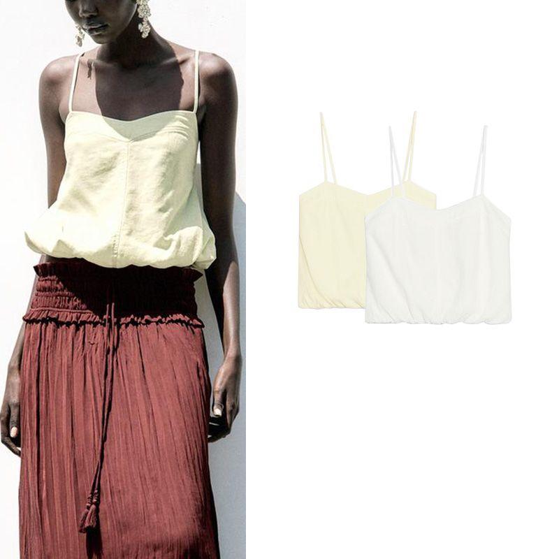 Summer New Product Women's Clothes V Neck Puffy Hem Linen Blended Balloon Style Sling Tops 8372075